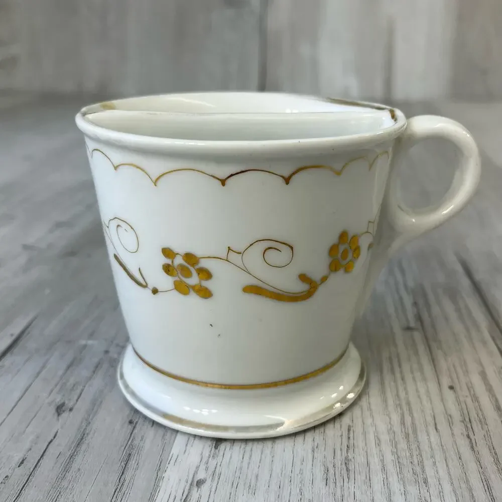 Vintage White Shiny Gold Floral Accent Shaving Mug Cup Decor Flawed